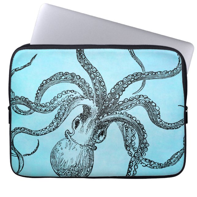 ヴィンテージ1800sタコonティール（緑がかった色）ブルーウォーター色 ラップトップスリーブ (正面)