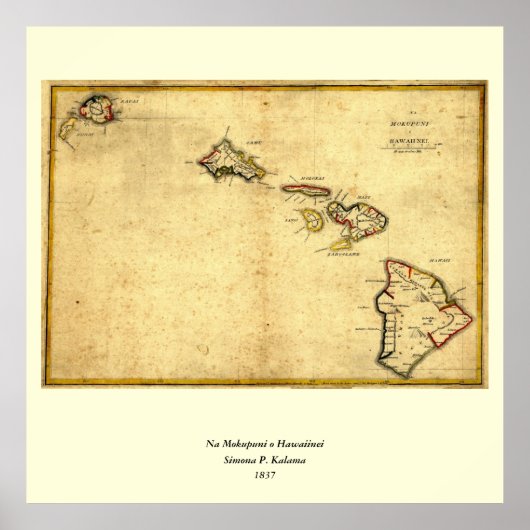 ヴィンテージ1837ハワイの地図 – ハワイアン諸島 ポスター (正面)