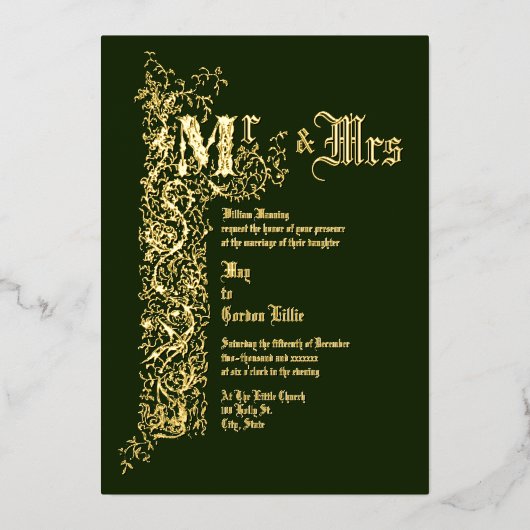 ヴィンテージ1839ビクトリアン年のフローラ縁ど結婚の 箔招待状 (正面)