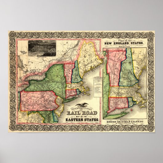 ヴィンテージ1856ニューイングランド鉄道地図 ポスター (正面)