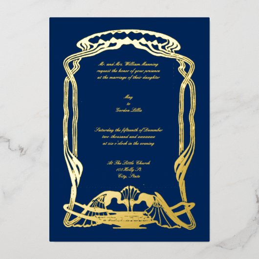 ヴィンテージ1897アールデコまたはアールヌーボーピーコック 箔招待状 (正面)