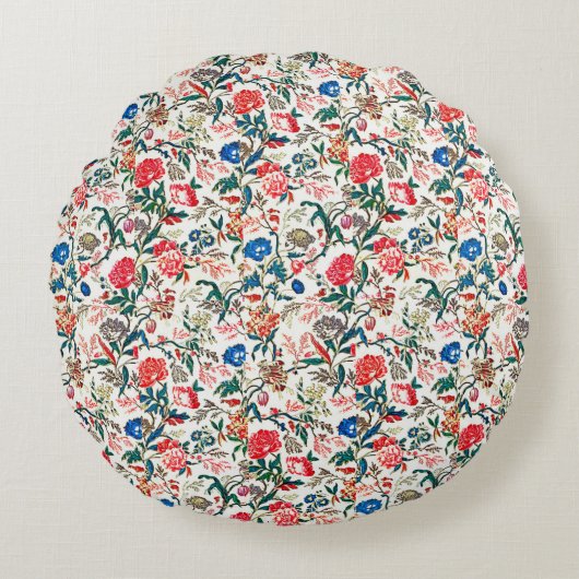 ヴィンテージ19世紀花柄ブルーグリーンレッド ラウンドクッション (正面)