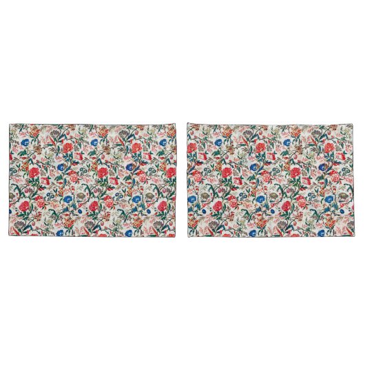 ヴィンテージ19世紀花柄ブルーグリーンレッド 枕カバー (バックセット)