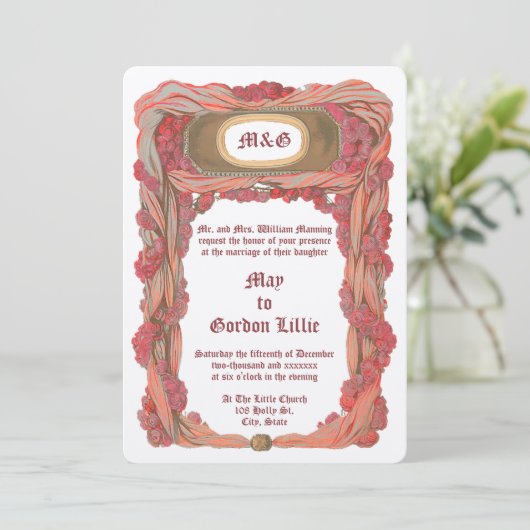 ヴィンテージ1900バラおよびドレープ縁どリー結婚フローラ 招待状 (スタンド正面)