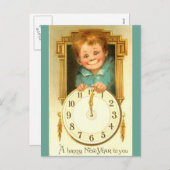 ヴィンテージ1900年ぶりのかわいい男の子と金ゴールドの時計 シーズンポストカード (正面/裏面)