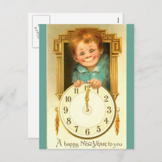 ヴィンテージ1900年ぶりのかわいい男の子と金ゴールドの時計 シーズンポストカード (正面/裏面)