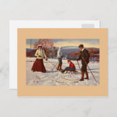 ヴィンテージ1900s冬のおもしろいノルディックスキー、そり ポストカード (正面/裏面)