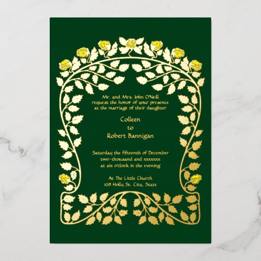 ヴィンテージ1901アールヌーボーフローラバラつる植物縁ど 箔招待状 (正面)