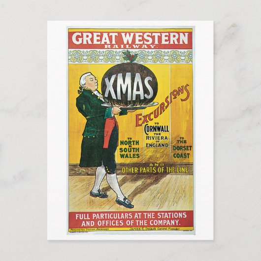 ヴィンテージ1903のイギリスのクリスマスの列車旅行広告 シーズンポストカード (正面)