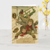ヴィンテージ1906雪のクリスマスに男の子そり カード (黄色い花)