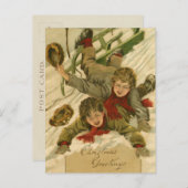 ヴィンテージ1906雪のクリスマスに男の子そり シーズンポストカード (正面/裏面)
