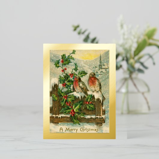 ヴィンテージ1906雪のクリスマス金ゴールド 箔シーズンポストカード (立ち正面)