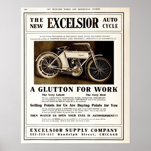 ヴィンテージ1907 Excelsiorモータリ広告クル ポスター (正面)
