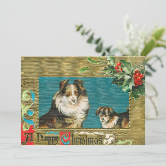 ヴィンテージ1908コリードッグス金ゴールドハッピークリスマス カード (スタンド正面)