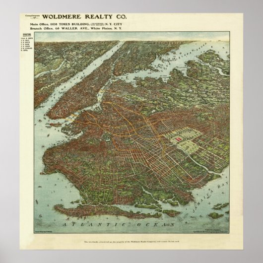 ヴィンテージ1908 Brooklyn NY Bird's Eye Viewマップ ポスター (正面)