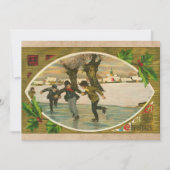ヴィンテージ1909ボーイズ氷スケートで滑る金ゴールドクリスマス カード (正面)
