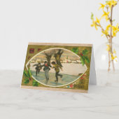 ヴィンテージ1909ボーイズ氷スケートで滑る金ゴールドクリスマス カード (黄色い花)