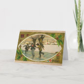 ヴィンテージ1909ボーイズ氷スケートで滑る金ゴールドクリスマス カード (正面)