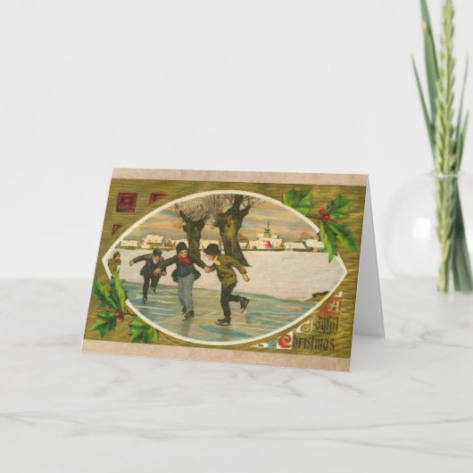 ヴィンテージ1909ボーイズ氷スケートで滑る金ゴールドクリスマス カード (正面)