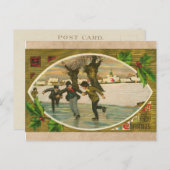 ヴィンテージ1909ボーイズ氷スケートで滑る金ゴールドクリスマス シーズンポストカード (正面/裏面)