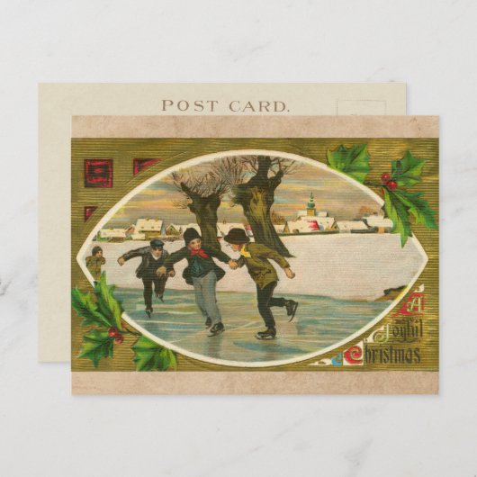 ヴィンテージ1909ボーイズ氷スケートで滑る金ゴールドクリスマス シーズンポストカード (正面/裏面)