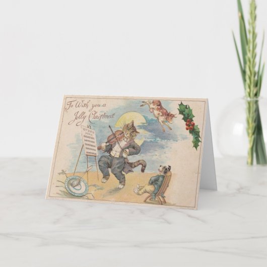 ヴィンテージ1910すてきクリスマスキャットフィドル犬の牛 シーズンカード (正面)