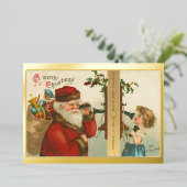 ヴィンテージ1910年代の小さな女の子サンタクリスマスを呼び出し 箔シーズンカード (立ち正面)