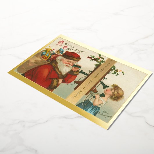 ヴィンテージ1910年代の小さな女の子サンタクリスマスを呼び出し 箔シーズンカード (回転した状態)