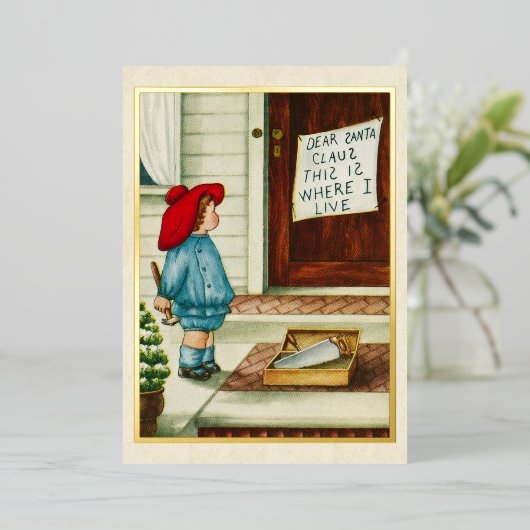 ヴィンテージ1910sサンタクロース付き子供レター金ゴールド 箔シーズンカード (立ち正面)