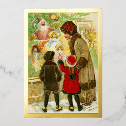 ヴィンテージ1912母と子供メリークリスマス金ゴールド 箔シーズンカード (正面)