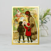 ヴィンテージ1912母と子供メリークリスマス金ゴールド 箔シーズンカード (立ち正面)