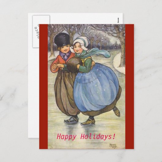ヴィンテージ1914画像オランダ子スケートで滑るはがき シーズンポストカード (正面/裏面)