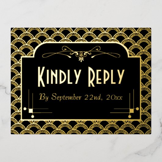 ヴィンテージ1920のアールデコギャツビー結婚式RSVP 実在 箔招待状ポストカード (正面)