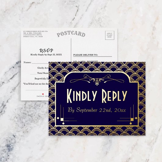 ヴィンテージ1920のアールデコギャツビー結婚式RSVP 実在 箔招待状ポストカード