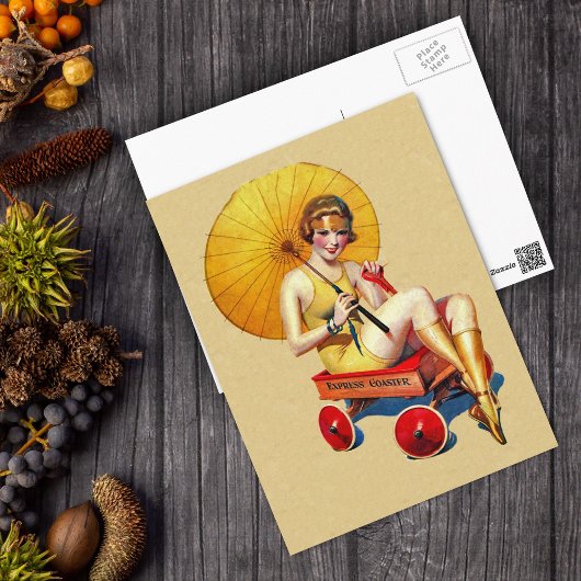 ヴィンテージ1920のフラッパー女性の傘のワゴン入浴 ポストカード