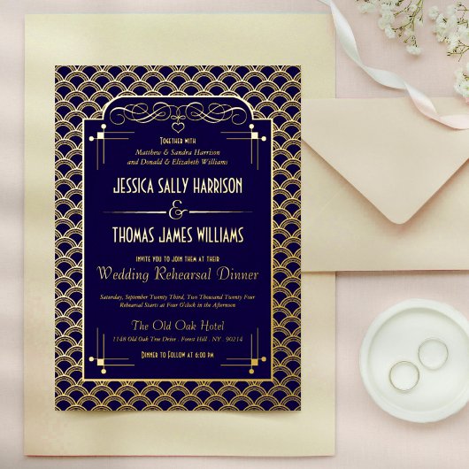 ヴィンテージ1920年のアールデコギャツビー結婚のリハーサル 箔招待状
