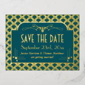 ヴィンテージ1920年のアールデコギャツビーSave The Date 実在 箔招待状ポストカード (正面)