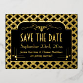 ヴィンテージ1920年のアールデコギャツビーSave The Date 実在 箔招待状ポストカード (正面)