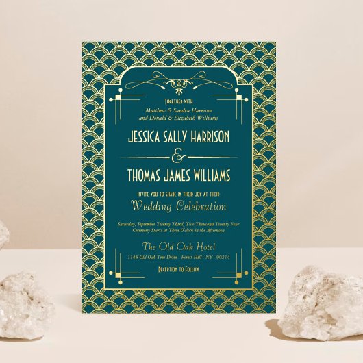 ヴィンテージ1920年アールデコギャツビー実在結婚ズ 箔招待状