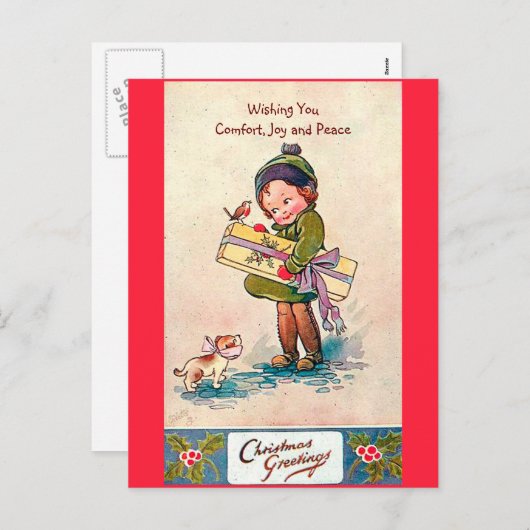 ヴィンテージ1920年代かわいい女の子、犬と鳥 シーズンポストカード (正面/裏面)