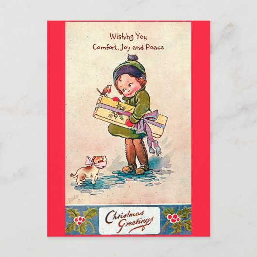 ヴィンテージ1920年代かわいい女の子、犬と鳥 シーズンポストカード (正面)