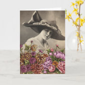 ヴィンテージ1920年代の女性で大きな復活祭のボンネット カード (黄色い花)