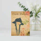 ヴィンテージ1920年代の女性の帽子とネックレスフランスの ポストカード (スタンド正面)