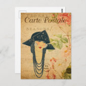 ヴィンテージ1920年代の女性の帽子とネックレスフランスの ポストカード (正面/裏面)