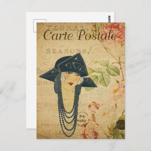 ヴィンテージ1920年代の女性の帽子とネックレスフランスの ポストカード (正面/裏面)