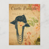 ヴィンテージ1920年代の女性の帽子とネックレスフランスの ポストカード (正面)