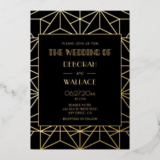 ヴィンテージ1920年代アートデコ幾何結婚金ゴールド 箔招待状 (正面)