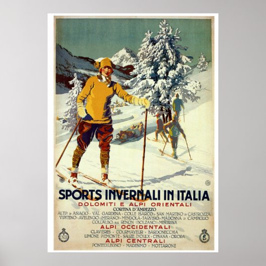 ヴィンテージ1920年代ウィンタースポーツ広告イタリアン旅行 ポスター (正面)