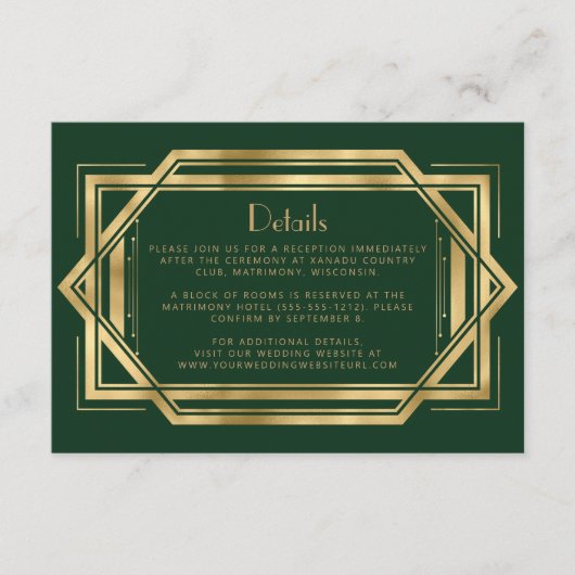 ヴィンテージ1920年代デコグリーン金ゴールド結婚ズ詳細 エンクロージャーカード (正面)