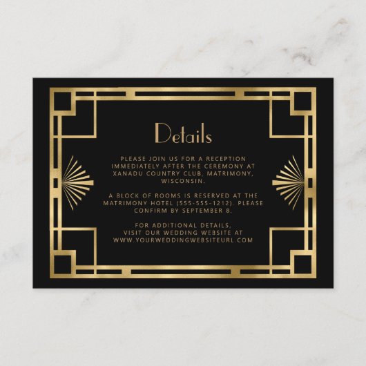 ヴィンテージ1920年代デコブラック金ゴールド結婚ズ詳細 エンクロージャーカード (正面)